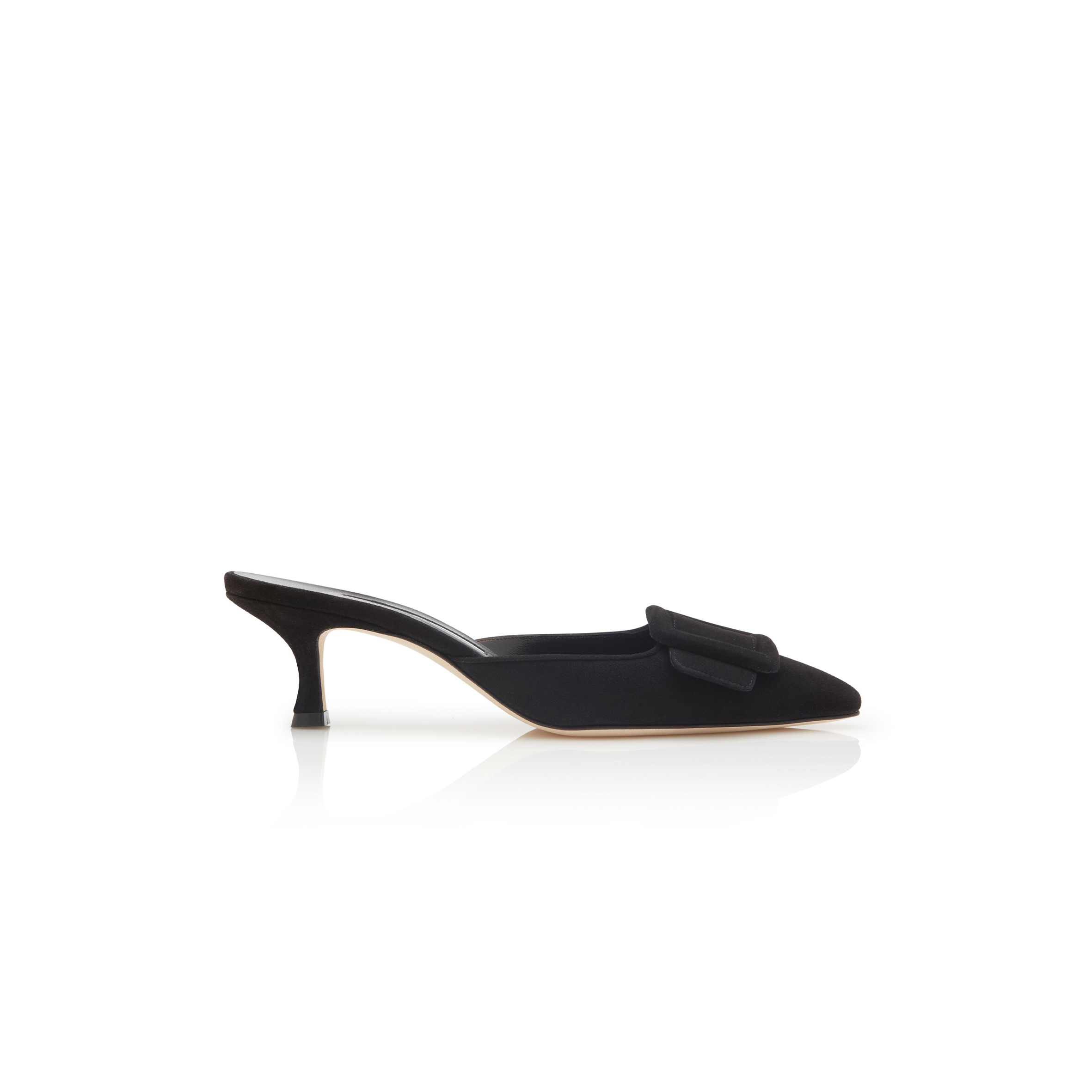 MANOLO BLAHNIK MAYSALE BLACK SUEDE KITTEN HEEL MULES 9XX-0246-0010
